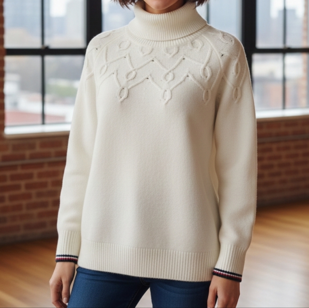 Tommy Hilfiger Women's Cable Knit Turtleneck Sweater, Size XL, Ivory